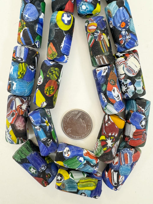matte multi color millefiori motif, vintage look glass, 35x16mm tube mix, 15