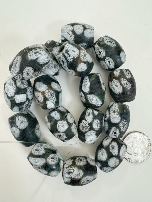 matte black white millefiori motif, vintage look glass, 24x18mm bowed tube barrel mix, 15