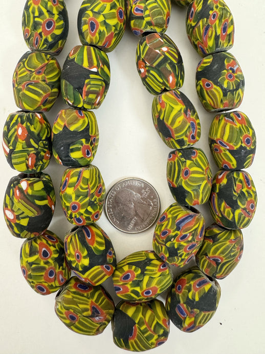 matte green yellow red blue white black millefiori motif, vintage look glass, 23x18mm bowed tube barrel mix, 15