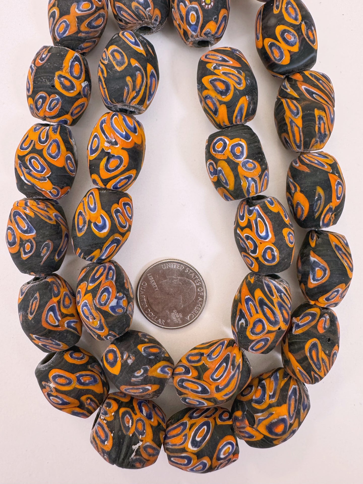 matte orange blue white black millefiori motif, vintage look glass, 24x18mm bowed tube barrel mix, 15