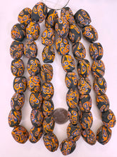 matte orange blue white black millefiori motif, vintage look glass, 24x18mm bowed tube barrel mix, 15" strand, sold per strand