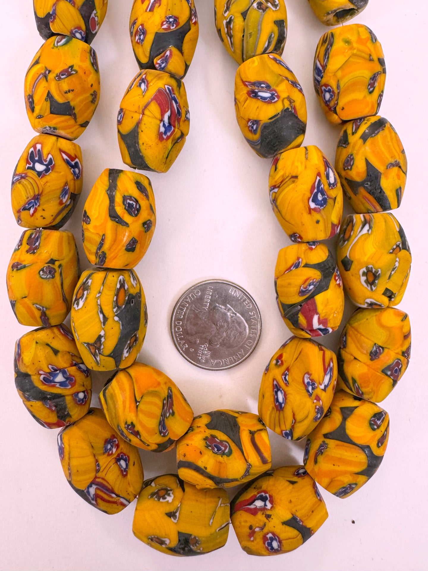 matte pale red orange red blue white black millefiori motif, vintage look glass, 24x18mm bowed tube barrel mix, 15