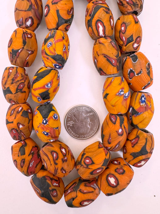 matte pale dark red orange red blue white black millefiori motif, vintage look glass, 24x18mm bowed tube barrel mix, 15