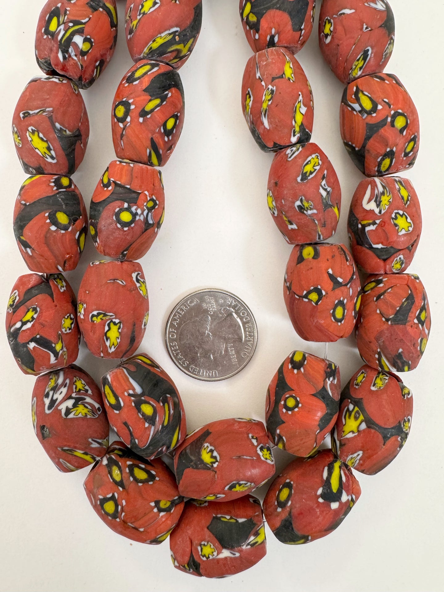 matte pale red yellow white black millefiori motif, vintage look glass, 24x18mm bowed tube barrel mix, 15