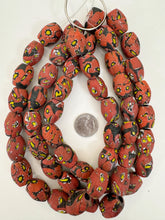 matte pale red yellow white black millefiori motif, vintage look glass, 24x18mm bowed tube barrel mix, 15" strand, sold per strand