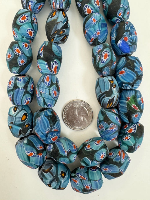 matte pale blue red white black millefiori motif, vintage look glass, 24x18mm bowed tube barrel mix, 15