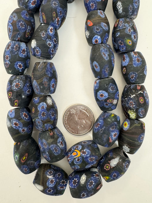 matte pale dark blue red white black millefiori motif, vintage look glass, 24x18mm bowed tube barrel mix, 15