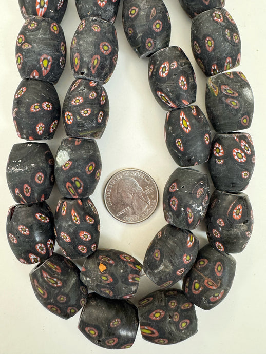 matte pale dark olive green red white yellow black millefiori motif, vintage look glass, 24x18mm bowed tube barrel mix, 15