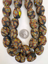 matte brown yellow red white blue black millefiori motif, vintage look glass, 24x18mm bowed tube barrel mix, 15" strand, sold per strand
