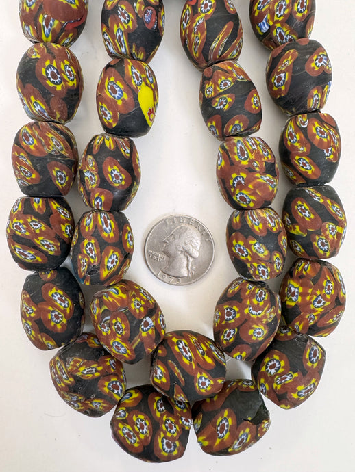 matte brown yellow red white blue black millefiori motif, vintage look glass, 24x18mm bowed tube barrel mix, 15