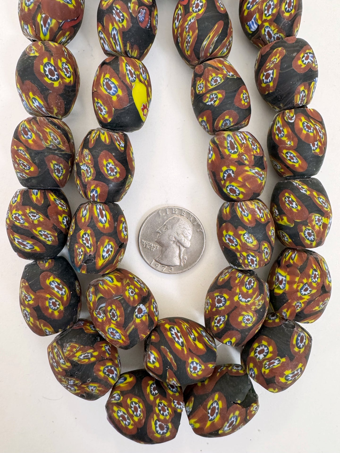 matte brown yellow red white blue black millefiori motif, vintage look glass, 24x18mm bowed tube barrel mix, 15