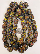 matte brown yellow red white blue black millefiori motif, vintage look glass, 24x18mm bowed tube barrel mix, 15" strand, sold per strand