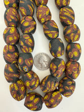 matte brown yellow black millefiori motif, vintage look glass, 24x18mm bowed tube barrel mix, 15" strand, sold per strand
