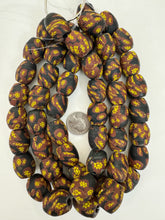 matte brown yellow black millefiori motif, vintage look glass, 24x18mm bowed tube barrel mix, 15" strand, sold per strand