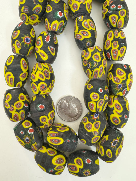 matte yellow red white blue green black millefiori motif, vintage look glass, 28x20mm bowed tube barrel mix, 15
