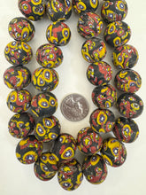 matte yellow red white blue black millefiori motif, vintage look glass, 19-20mm round mix, 15" strand, sold per strand