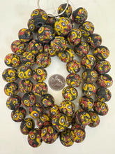 matte yellow red white blue black millefiori motif, vintage look glass, 19-20mm round mix, 15" strand, sold per strand