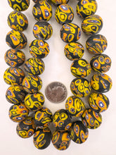 matte yellow orange red white blue black millefiori motif, vintage look glass, 19-20mm round mix, 15" strand, sold per strand