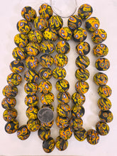 matte yellow orange red white blue black millefiori motif, vintage look glass, 19-20mm round mix, 15" strand, sold per strand