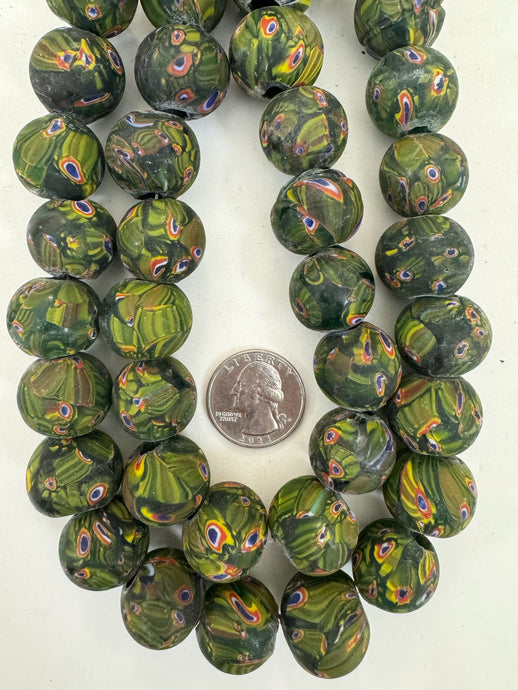 matte green yellow red white blue black millefiori motif, vintage look glass, 19-20mm round mix, 15