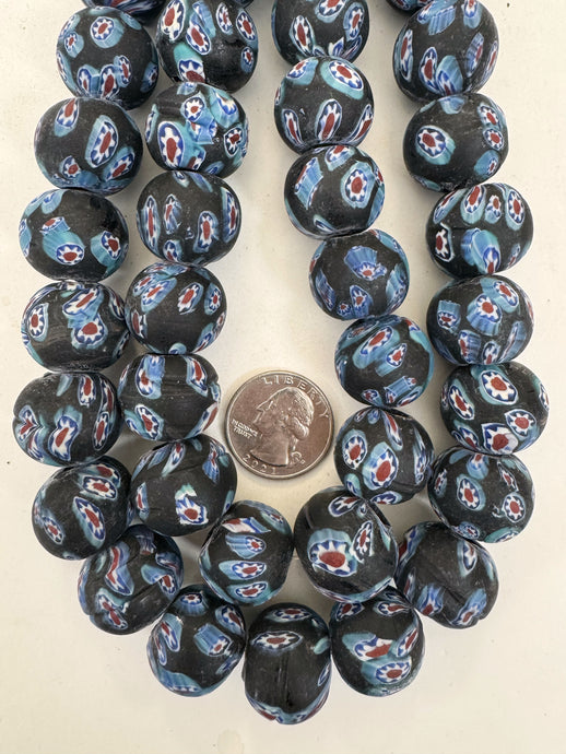 matte gray blue red white blue black millefiori motif, vintage look glass, 19-20mm round mix, 15