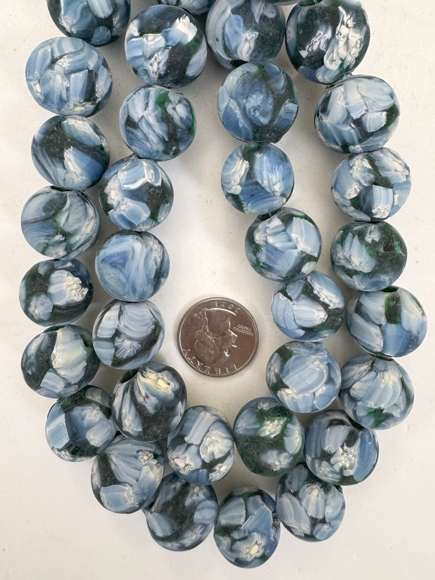 matte pale blue green white black millefiori motif, vintage look glass, 19-20mm round mix, 15