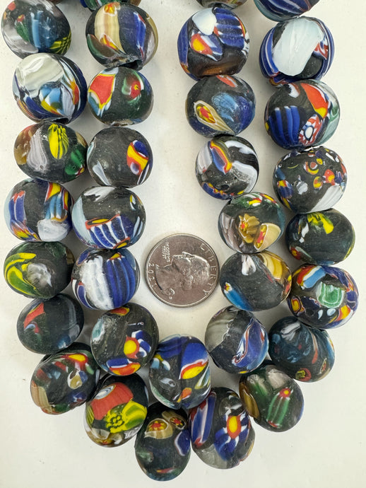 matte multi color black millefiori motif, vintage look glass, 19-20mm round mix, 15