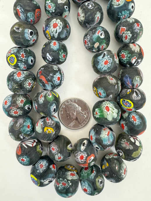 matte multi color black millefiori motif, vintage look glass, 18-20mm round mix, 15