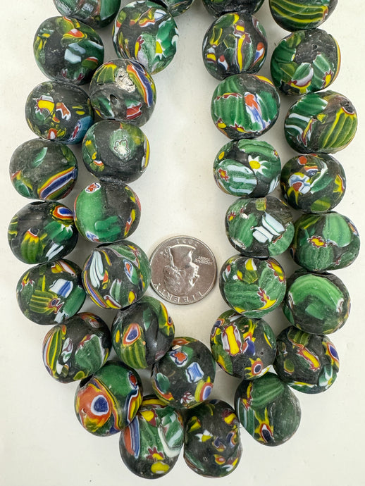 matte green yellow red white blue black millefiori motif, vintage look glass, 18-21mm round mix, 15