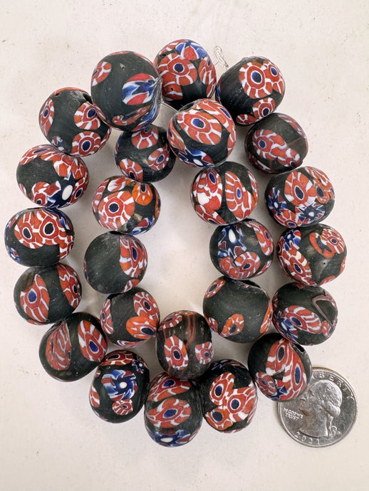 matte blue red white black millefiori motif, vintage look glass, 17-19mm round mix, 15