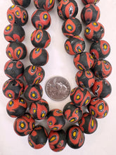 matte red yellow white black millefiori motif, vintage look glass, 17-18mm round mix, 15" strand, sold per strand