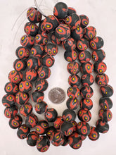 matte red yellow white black millefiori motif, vintage look glass, 17-18mm round mix, 15" strand, sold per strand