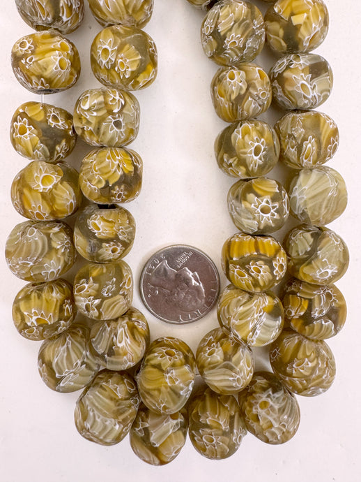 matte pale amber khaki white millefiori motif, vintage look glass, 17mm nugget round mix, 15