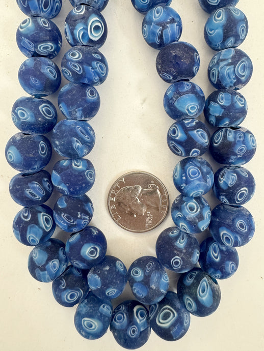 matte dark electric blue white millefiori motif, vintage look glass, 16mm round mix, 15