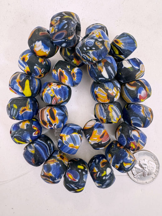 matte blue red orange yellow white black millefiori motif, vintage look glass, 20x13mm rondelle mix, 15