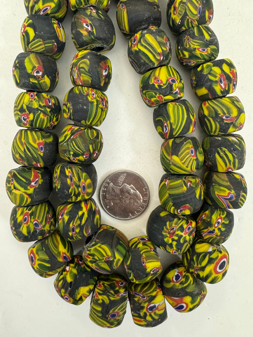matte yellow green red white blue black millefiori motif, vintage look glass, 19x16mm rondelle mix, 15