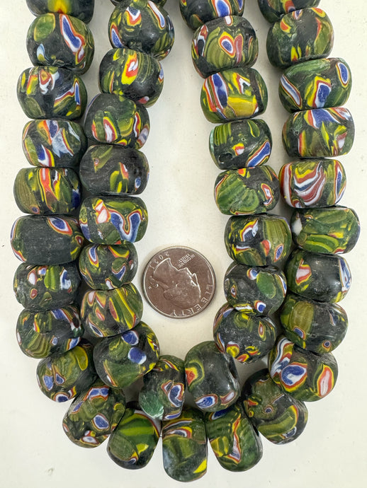 matte yellow green red white blue black millefiori motif, vintage look glass, 19x13mm rondelle mix, 15