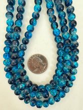 dark blue electric blue clear crackle motif, vintage look glass, 8mm round, 15" strand, sold per strand