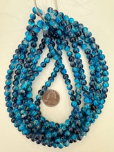 dark blue electric blue clear crackle motif, vintage look glass, 8mm round, 15" strand, sold per strand