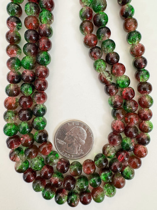 dark maroon red green clear crackle motif, vintage look glass, 8mm round, 15