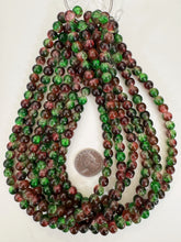 dark maroon red green clear crackle motif, vintage look glass, 8mm round, 15" strand, sold per strand