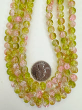 lime green pink green clear crackle motif, vintage look glass, 8mm round, 15" strand, sold per strand