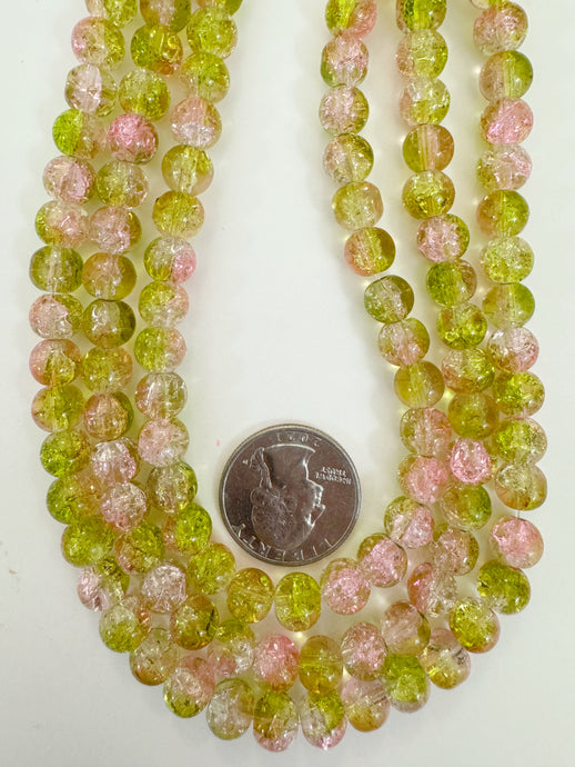 lime green pink green clear crackle motif, vintage look glass, 8mm round, 15