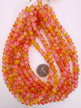 orange pink clear crackle motif, vintage look glass, 8mm round, 15" strand, sold per strand