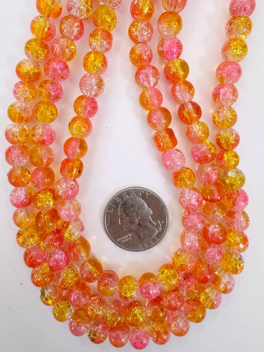 orange pink clear crackle motif, vintage look glass, 8mm round, 15