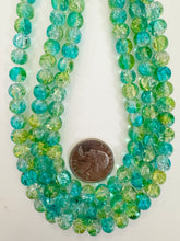 bright electric blue lime green clear crackle motif, vintage look glass, 8mm round, 15" strand, sold per strand