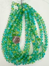 bright electric blue lime green clear crackle motif, vintage look glass, 8mm round, 15" strand, sold per strand