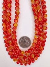 red yellow clear crackle motif, vintage look glass, 8mm round, 15" strand, sold per strand