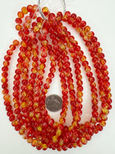 red yellow clear crackle motif, vintage look glass, 8mm round, 15" strand, sold per strand