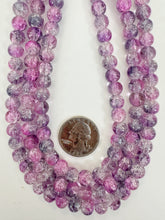 pale dark purple pink clear crackle motif, vintage look glass, 8mm round, 15" strand, sold per strand